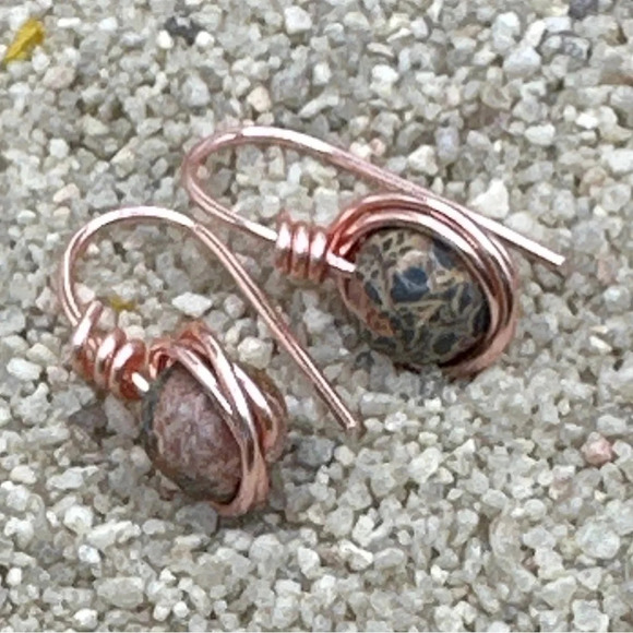 Ocean jasper spheres rose gold dangle long earrings - Picture 2 of 2